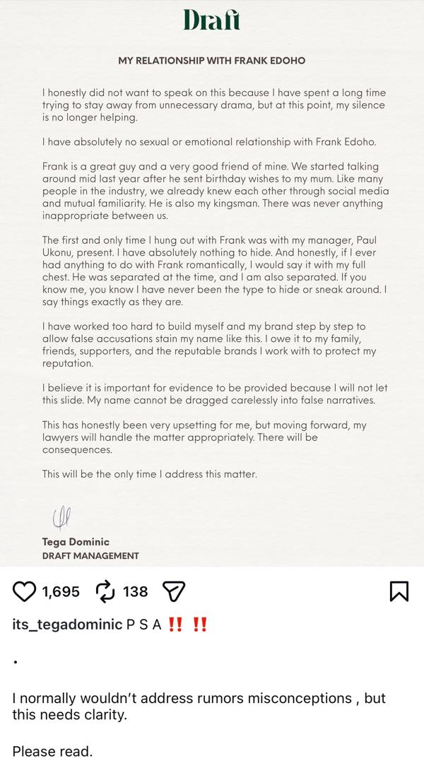 I have no sexu@l relationship with him - BBNaija?s Tega denies Frank Edoho affair rumours; dares estranged wife, Sandra to release proof